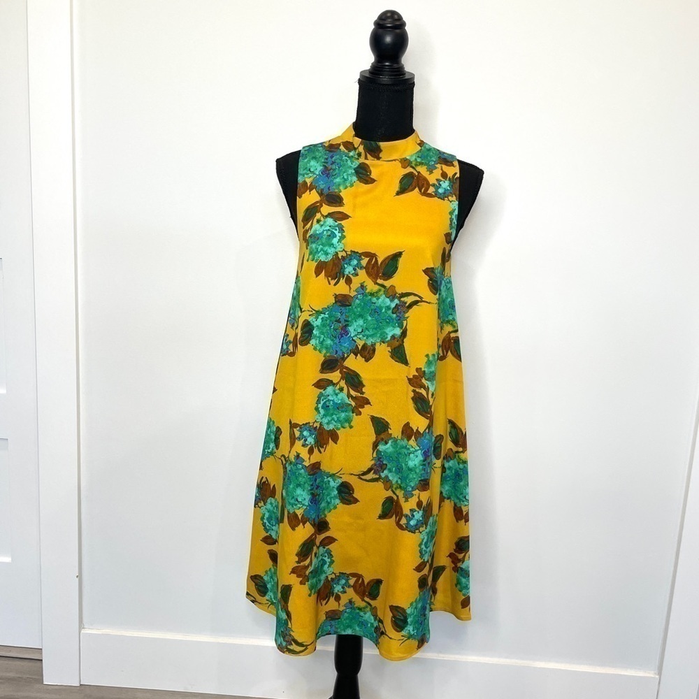 The Limited Yellow Midi Sleeveless Floral Trapeze Dress